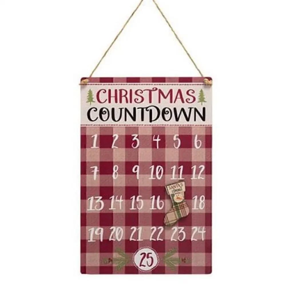 Christmas Count Down Calendar Buffalo Plaid Metal Merry Holidays Country New